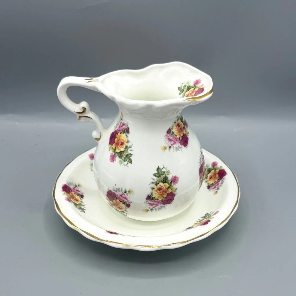 Raesuedic Ceramics Fine Bone China Floral Rose Creamer Pitcher Saucer England
